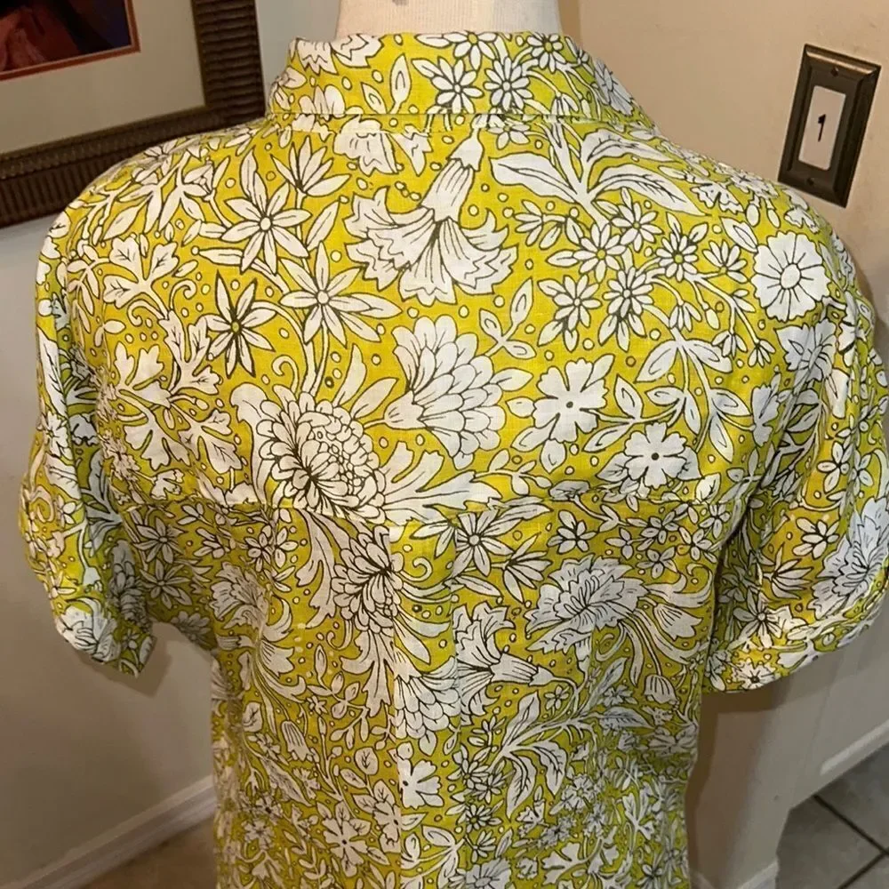 Rachel Ashwell Lime/ Yellow Floral 100% LINEN Boxy Button Down Shirt MEDIUM